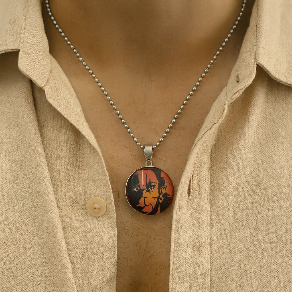 JewelMaze Glass Framed Orange Enamel Hanuman Locket Chain Pendant