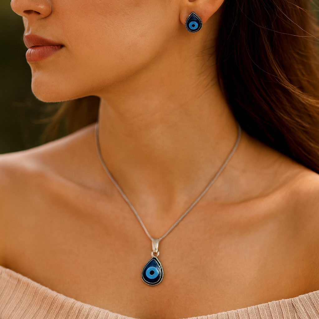 JewelMaze Oxidised Plated Evil Eye Chain Pendant Set - 113114756