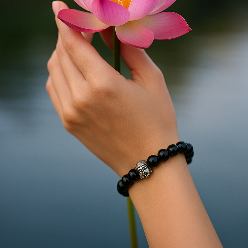 JewelMaze Black Onyx Beads Bracelet with Buddha - 1404720