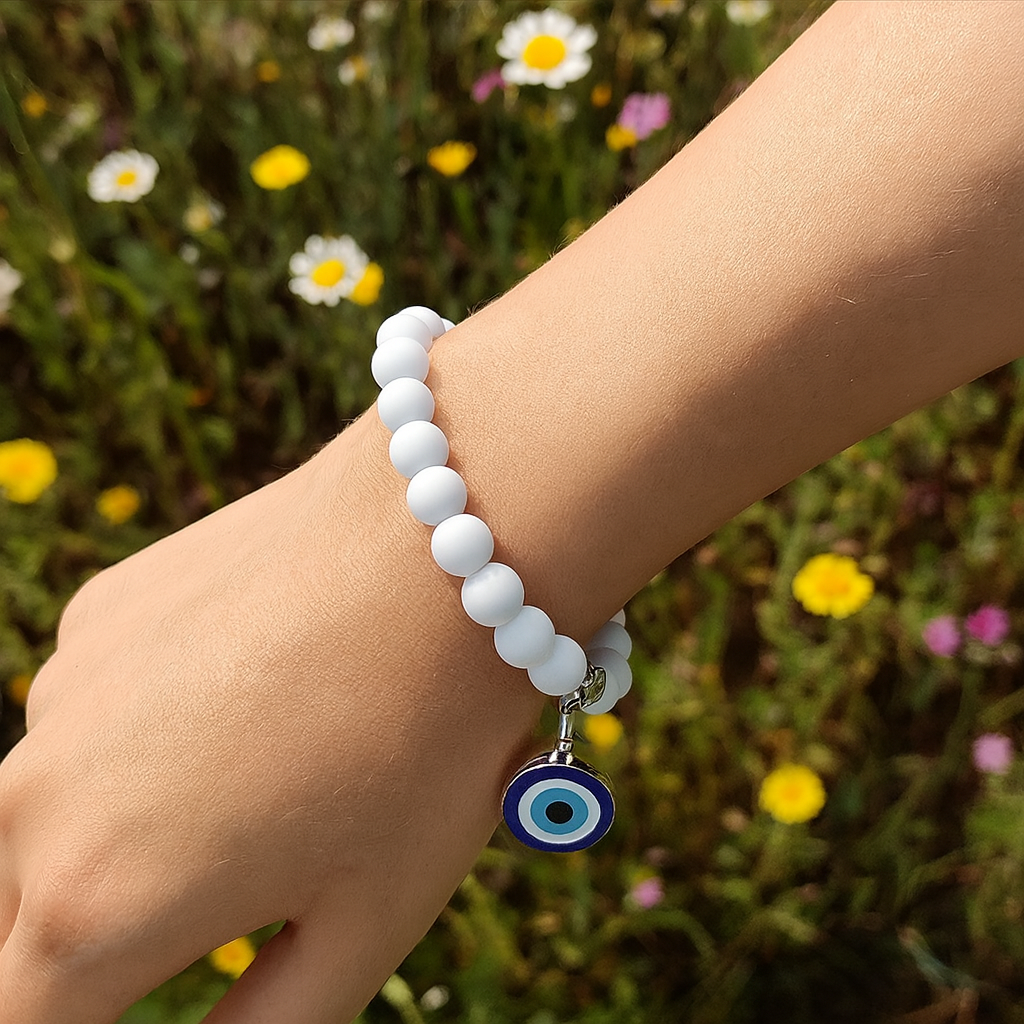 JewelMaze White Beads Evil Eye Bracelet