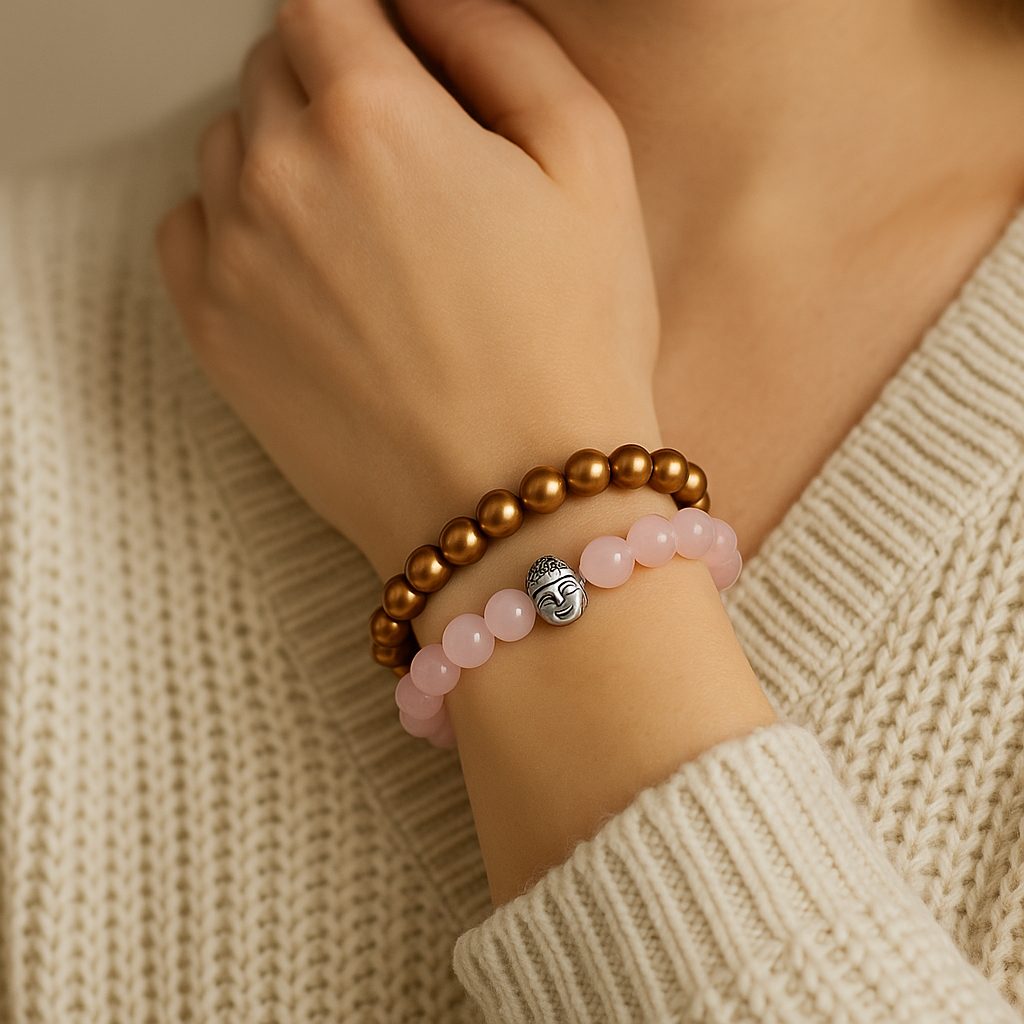 JewelMaze Pink & Brown With Buddha Beads Bracelet Combo- 1404710