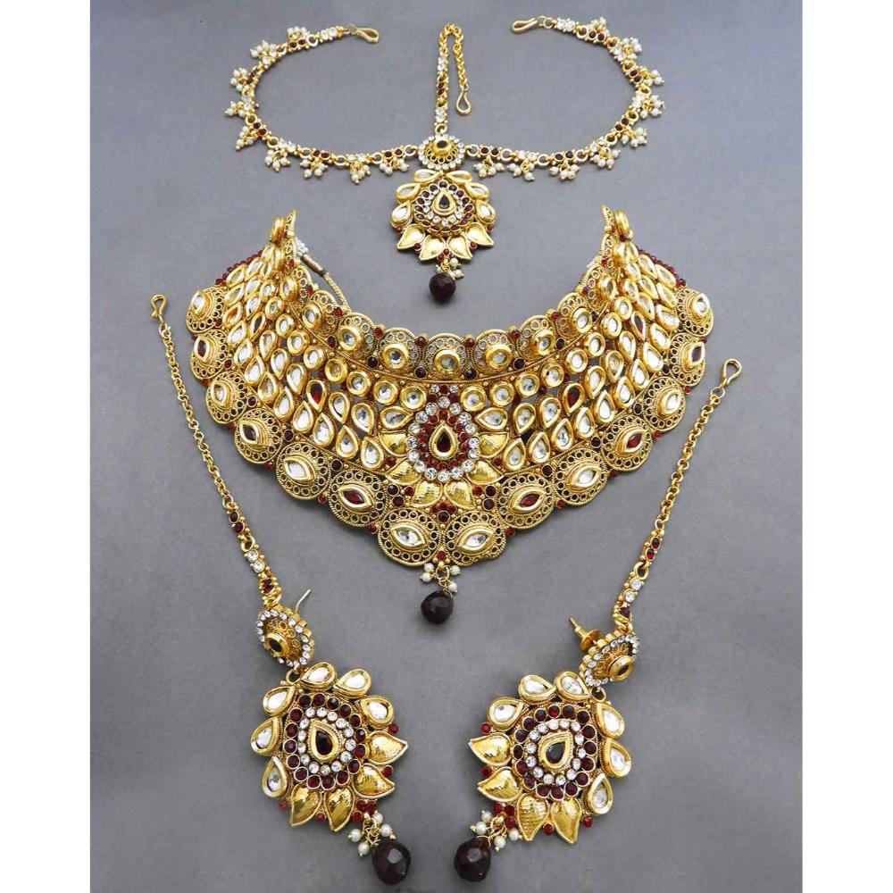 JewelMaze Kundan Copper Double Necklace Set With Maang Tikka