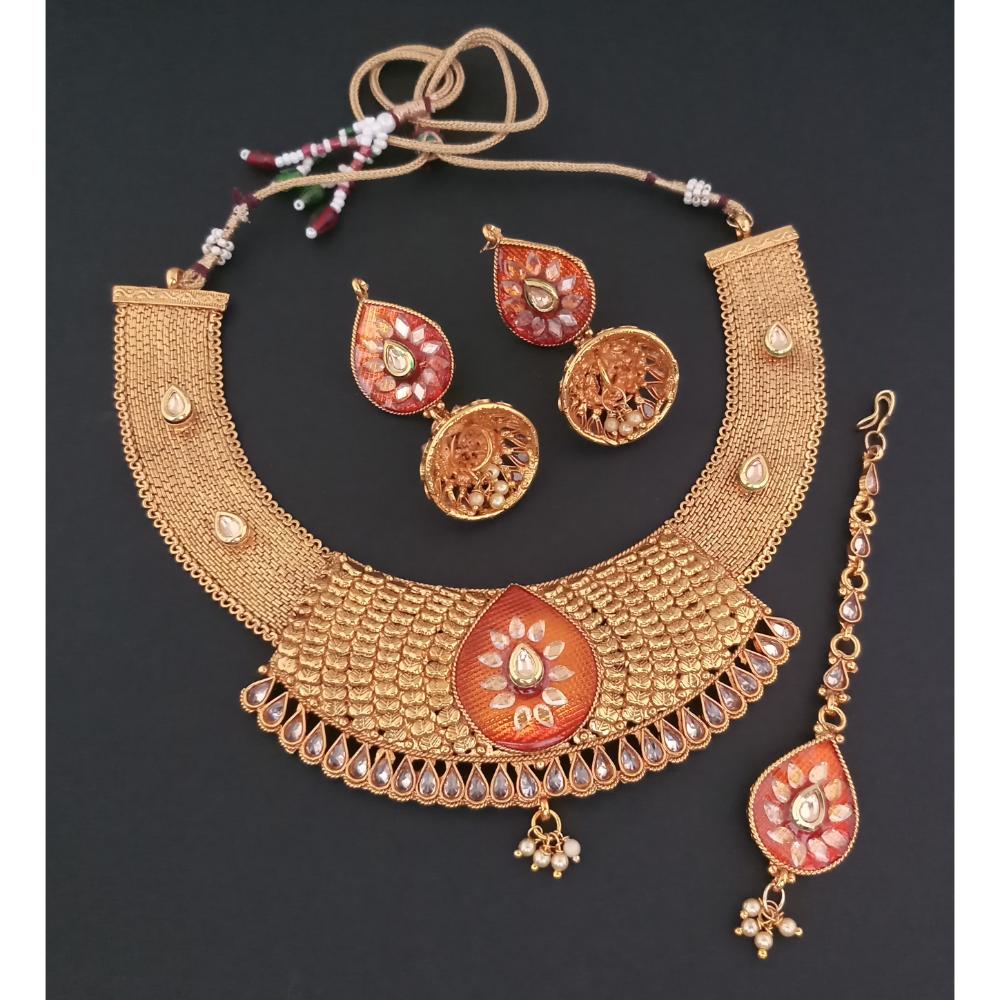 JewelMaze AD Stone Copper Necklace Set With Maang Tikka
