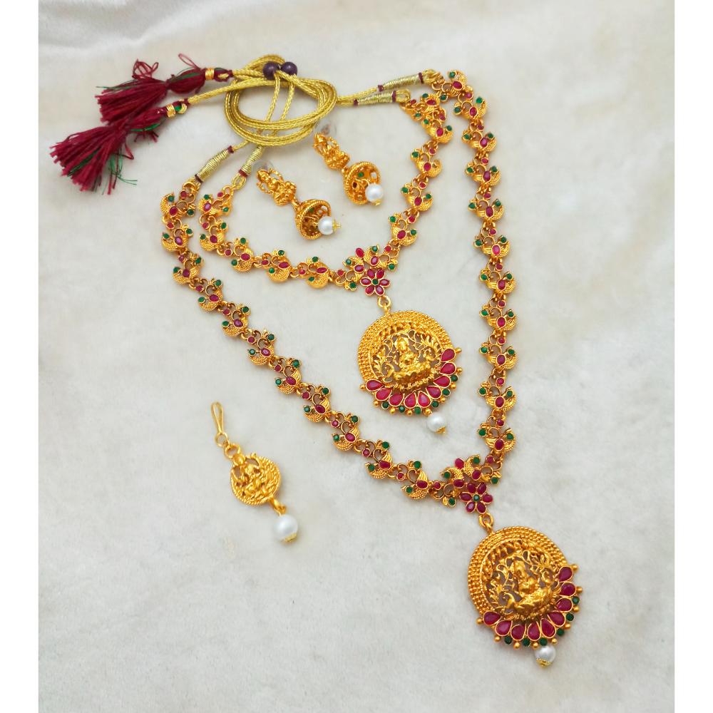 JewelMaze Maroon Stone Double Gold Plated Necklace Set