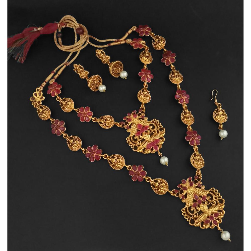 JewelMaze Maroon Stone Double Gold Plated Necklace Set