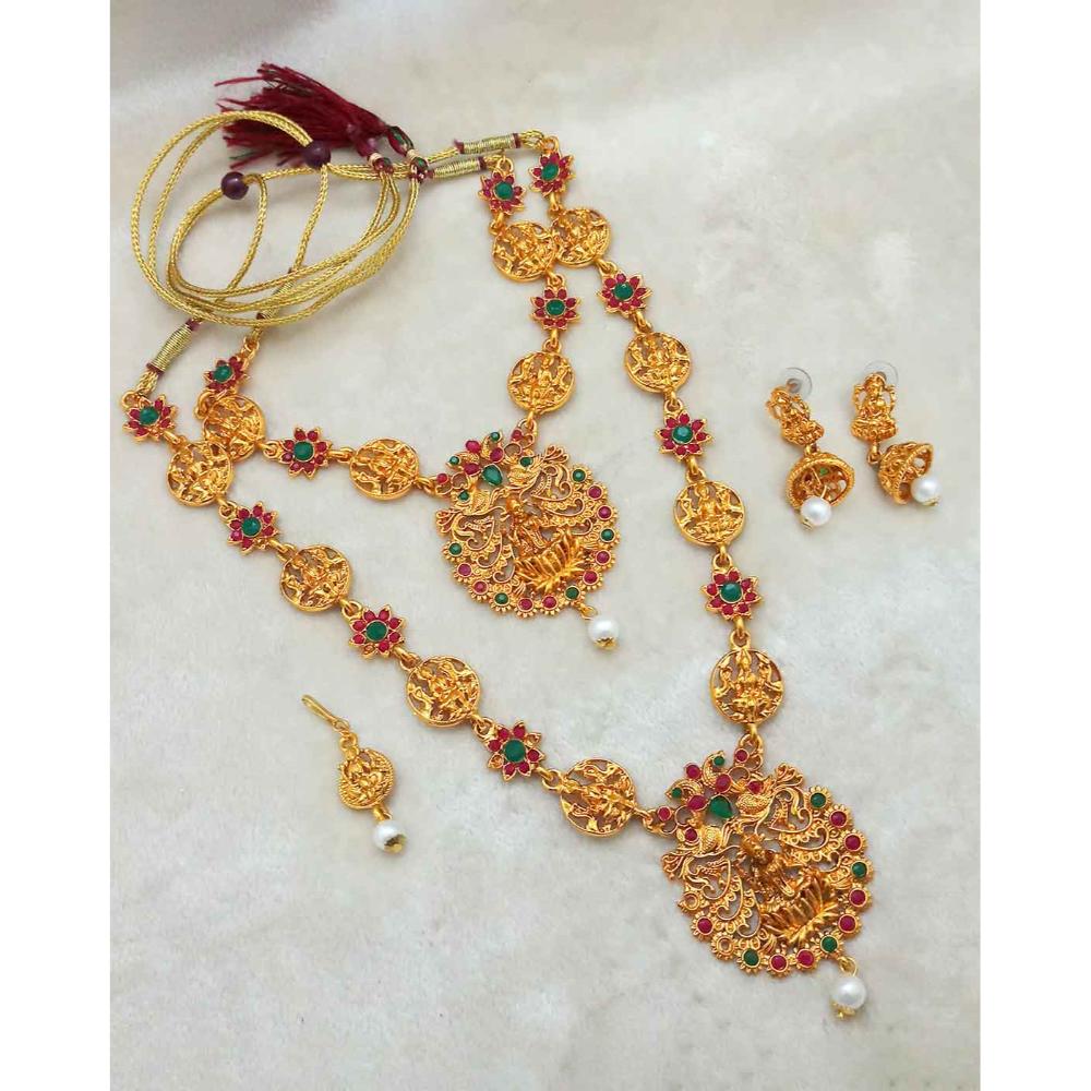 JewelMaze Maroon Stone Double Gold Plated Necklace Set
