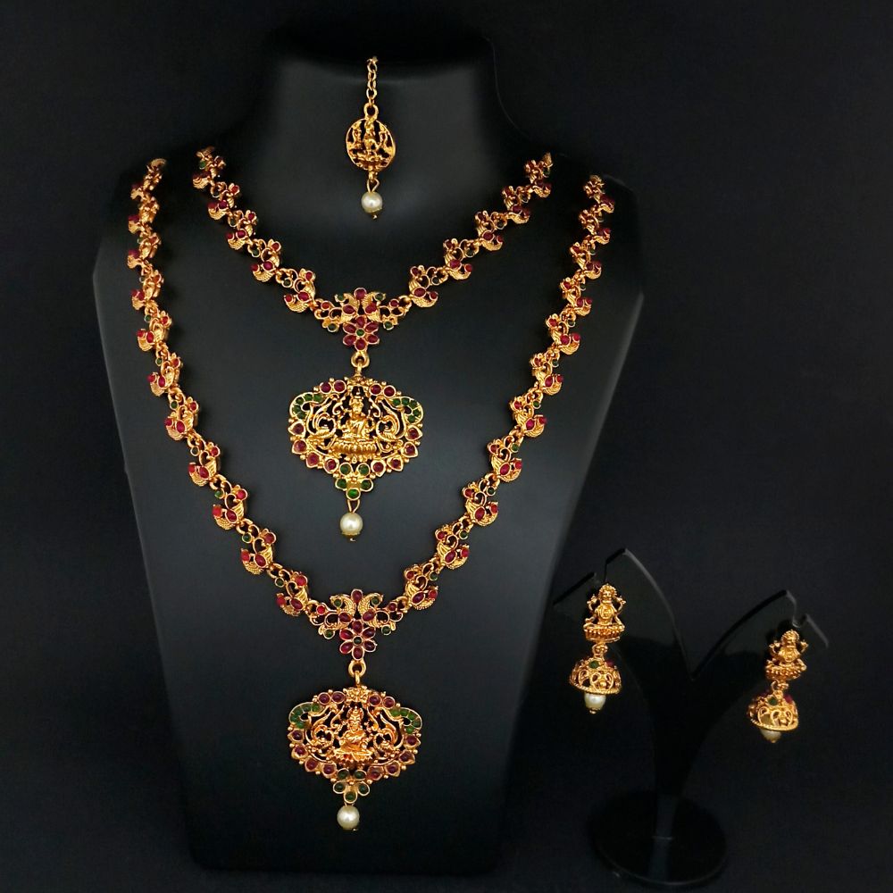 JewelMaze Designer Pota stone Temple necklace set for wedding wear