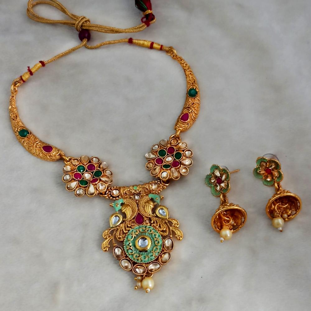 JewelMaze Designer Mint Kundan Gold Plated Necklace Set