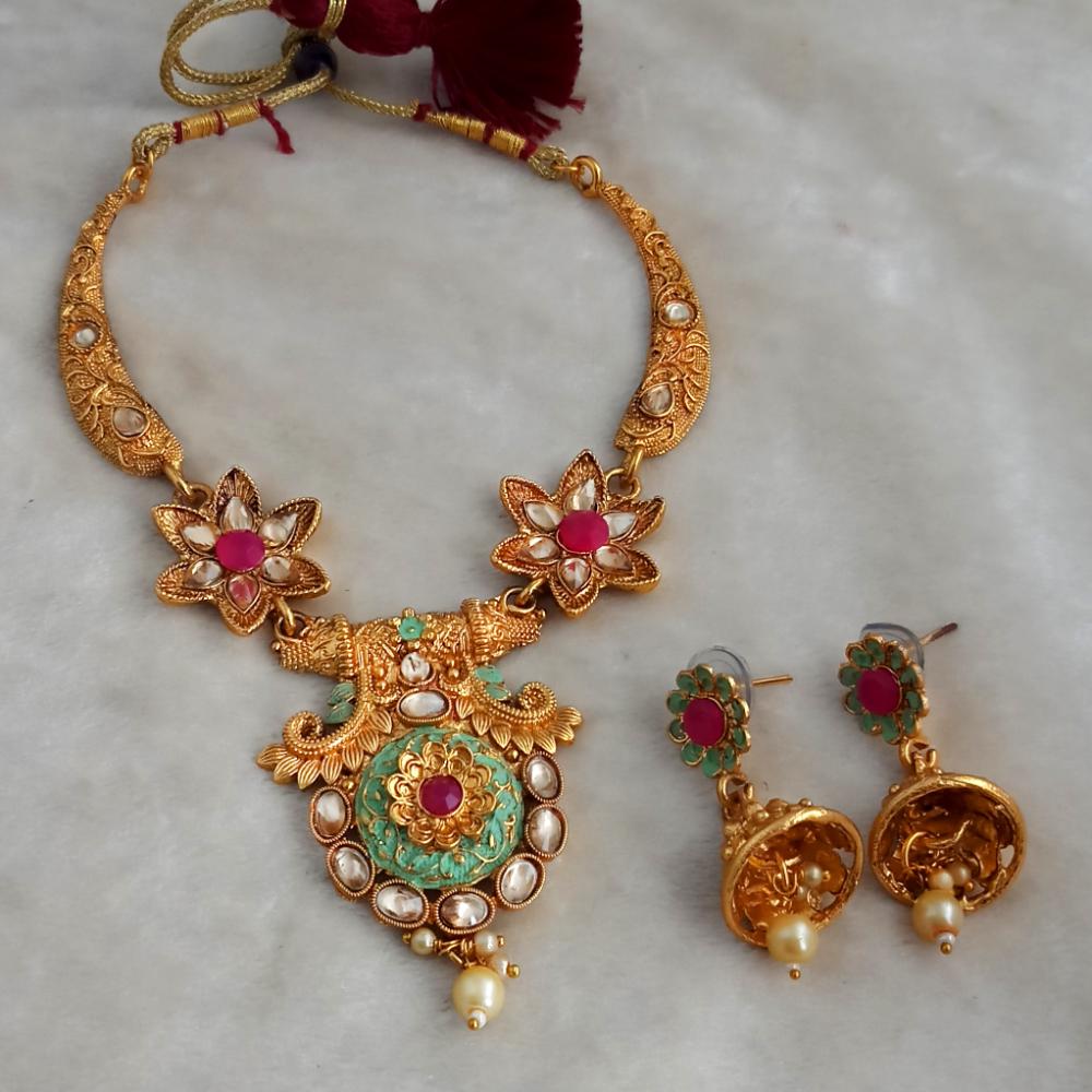 JewelMaze Designer Mint Kundan Gold Plated Necklace Set