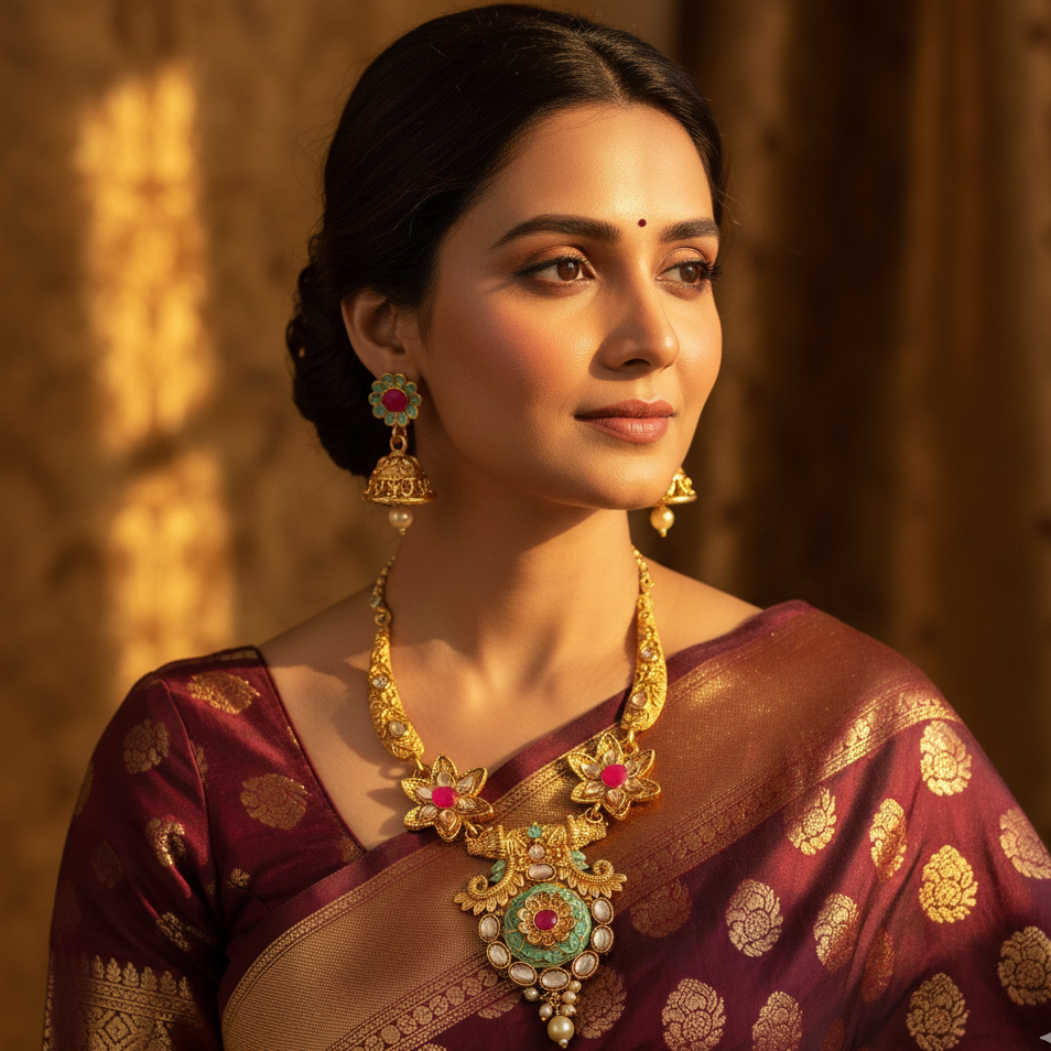 JewelMaze Designer Mint Kundan Gold Plated Necklace Set