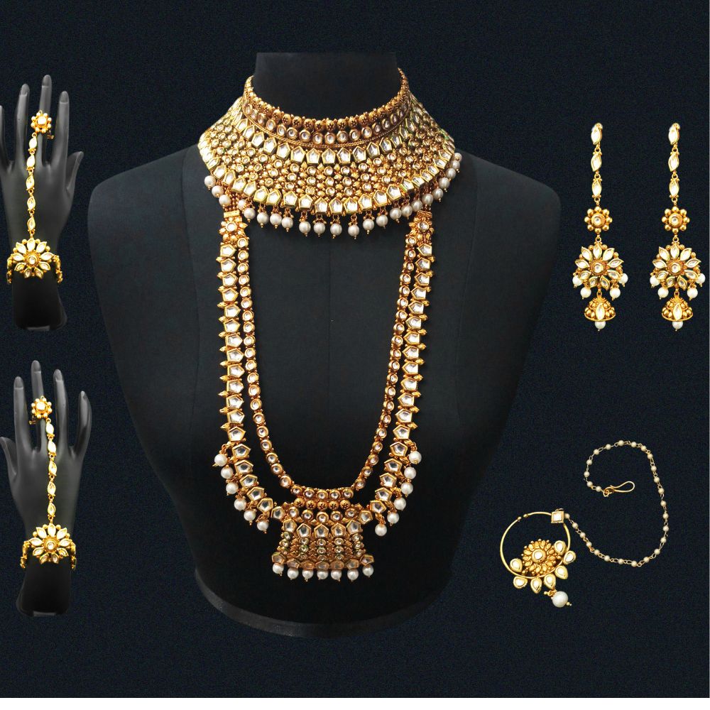 JewelMaze Premium Polki Kundan Multi-Layer Bridal Necklace Set