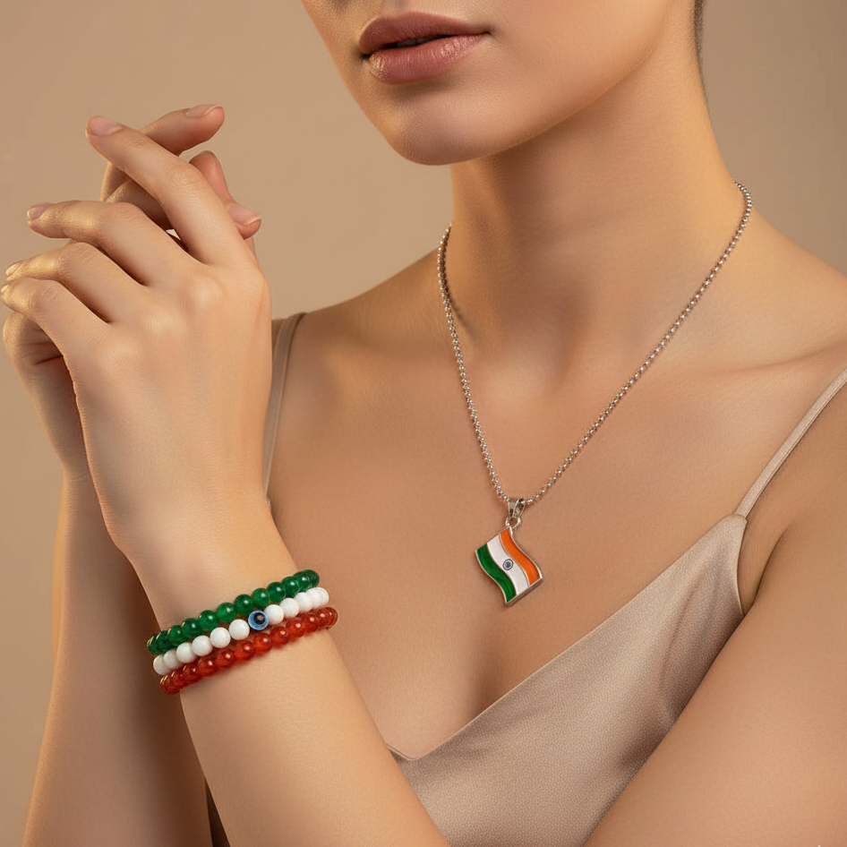 Jewelmaze Tricolor/ Tiranga/ Indian Flag Bracelets & Pendant Combo