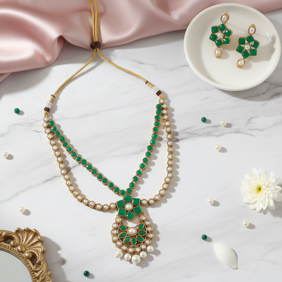 JewelMaze Gold Plated Green Kundan Stone Necklace Set