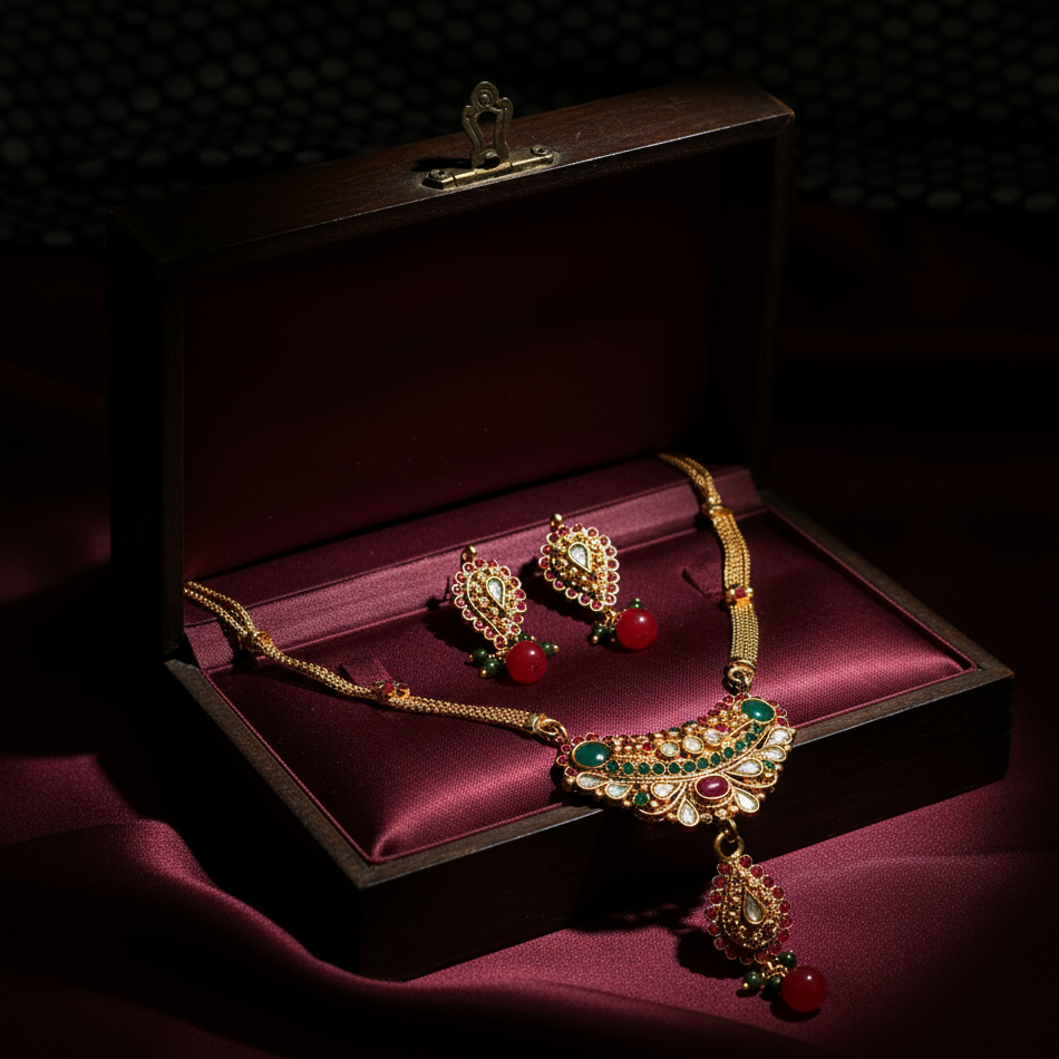 JewelMaze Gold Plated Green Austrian Stone Necklace Set