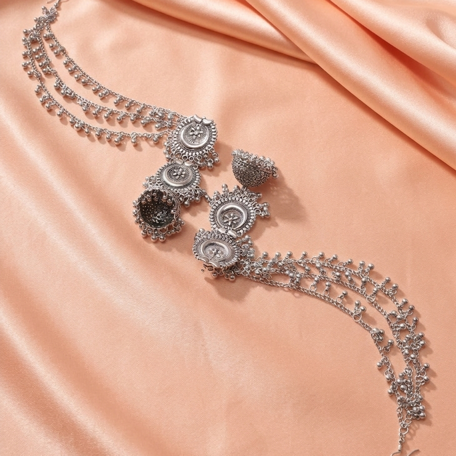 JewelMaze Oxidised Layered Jhumka Earrings With Kan Chain