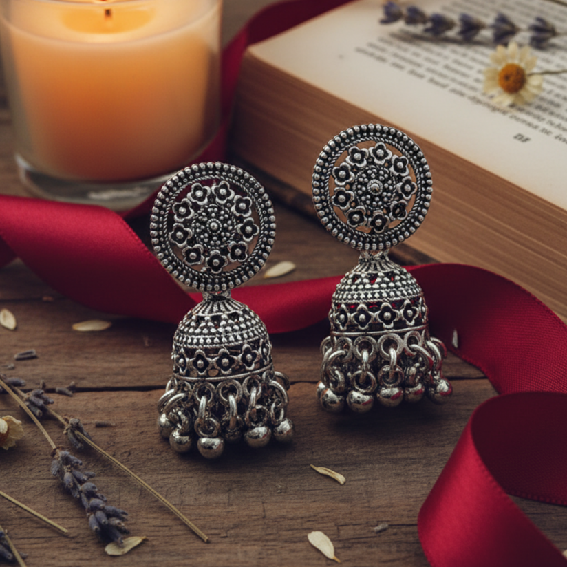 Jewelmaze Oxidised Plated Jhumki Earrings