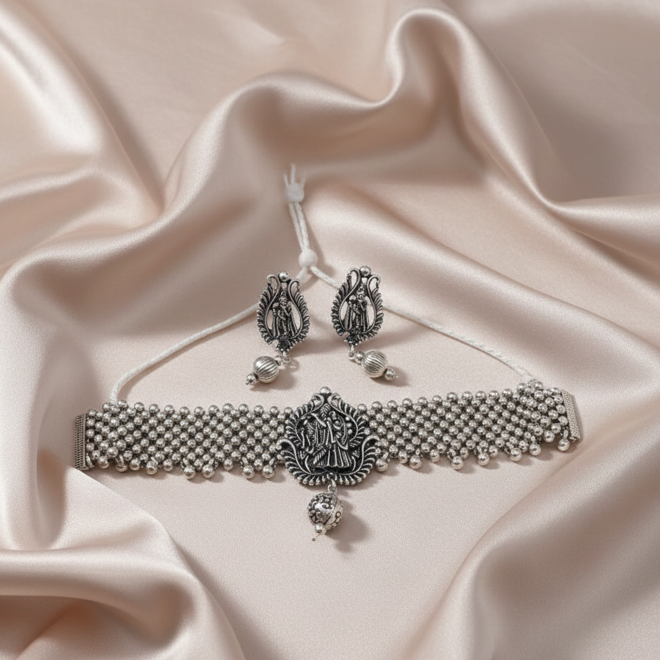 JewelMaze Antique Oxidised Jewelry Choker Necklace Set For Women