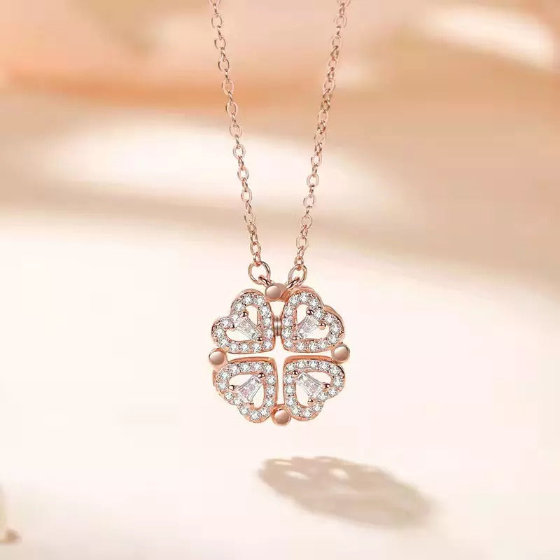 JewelMaze Hyacinth 4-pcs Zircon Heart Magnetic Clover Necklace