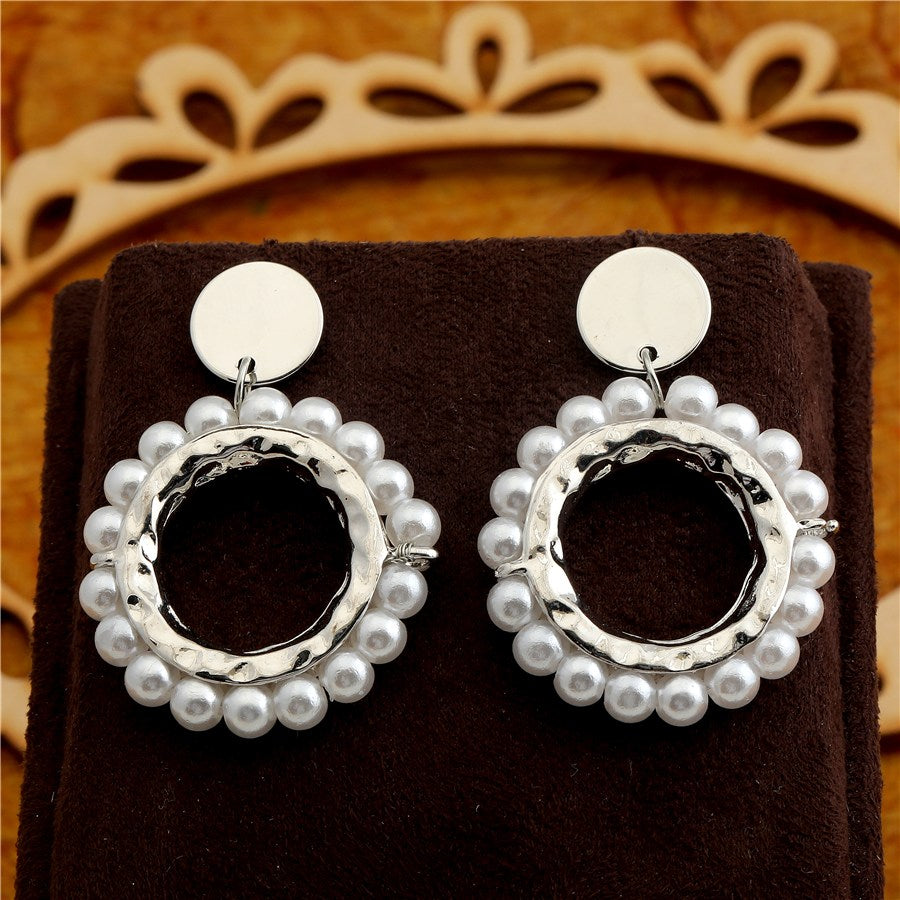 JewelMaze Ring Shaped Circular Pearl Drop Earring - PER112 Silver