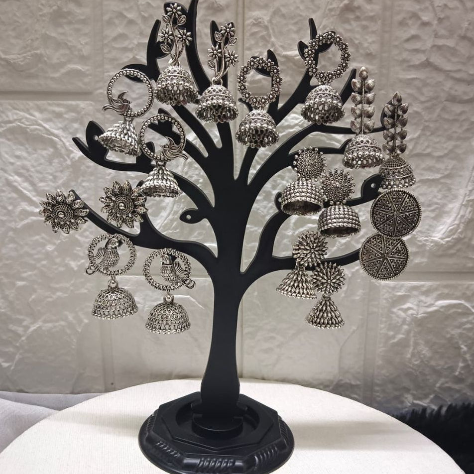 JewelMaze Set of 9 Oxidised Earrings Combo With Tree Stand
