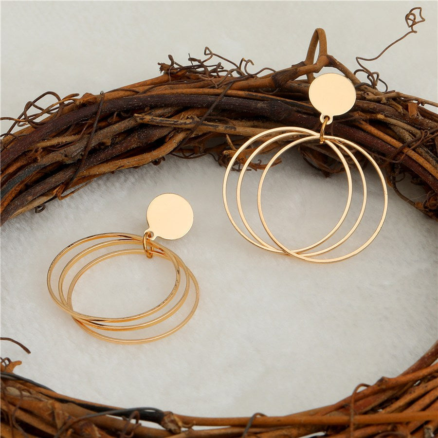 JewelMaze Gold Plated Three Geometrical Ring Shape Drop Earring - WER29