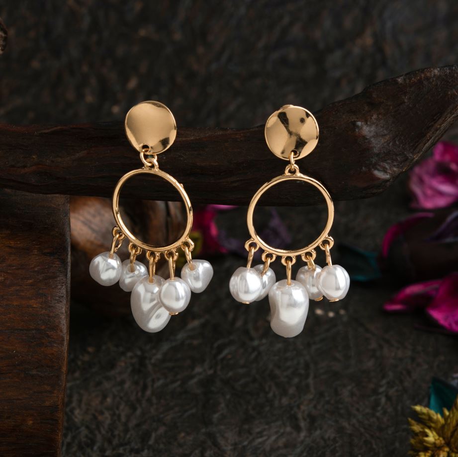 JewelMaze Small Circle Shaped Hanging Pearl Earring - PER 1456 Gold