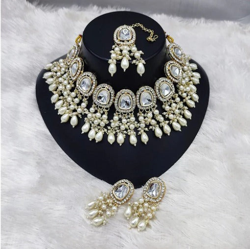 JewelMaze Gold Plated Crystal Stone And Pearl Choker Necklace Set - 10573413WH
