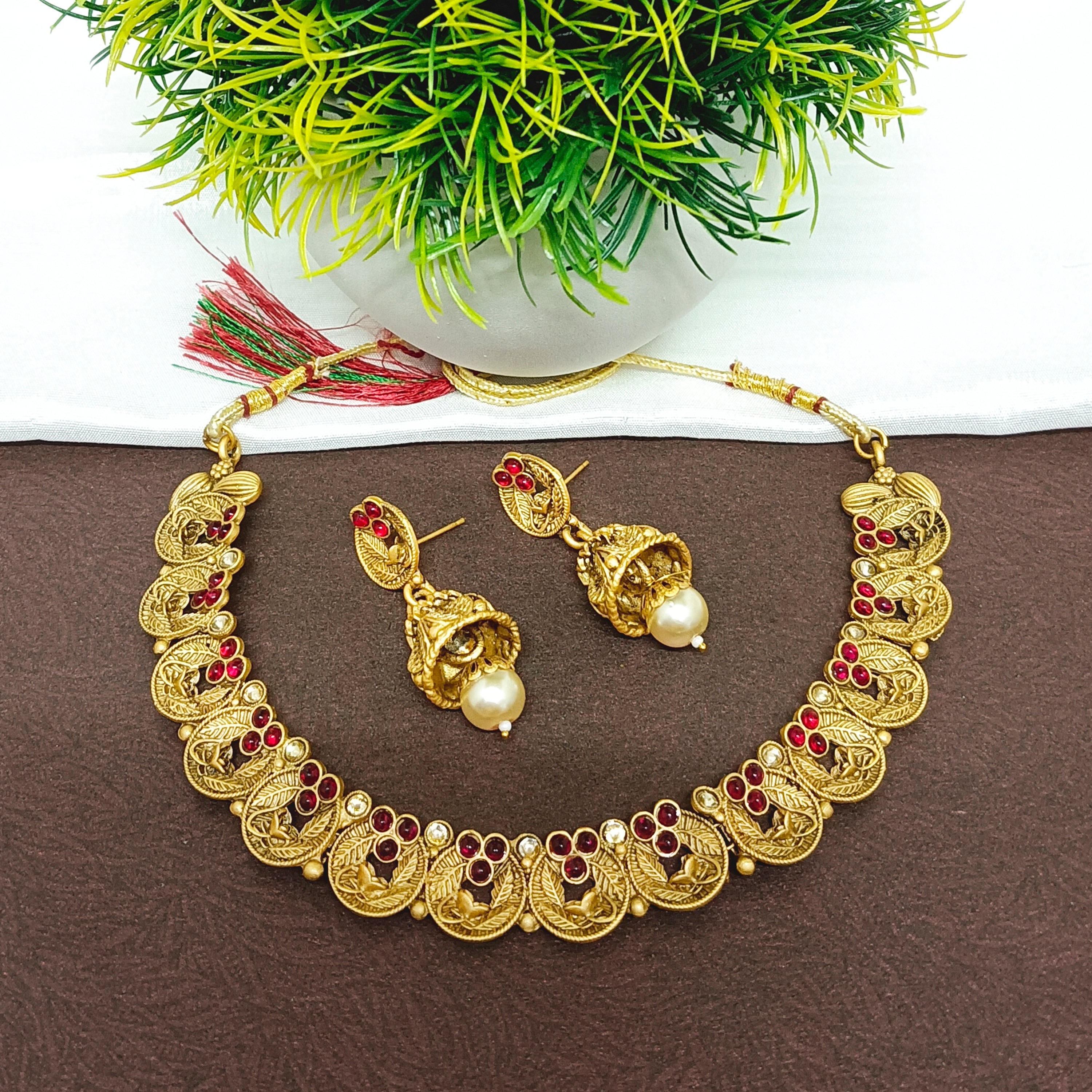 Bhavi Jewels Pota Stone Gold Plated Necklace Set
