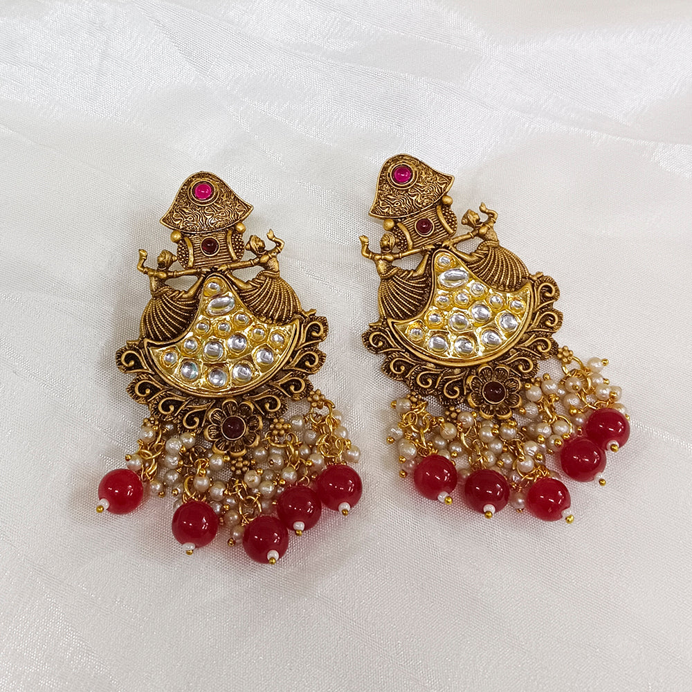JewelMaze Kundan Stone Gold Plated Dangler Earrings - JW-10161073RD ( Art No. 469469707001 )