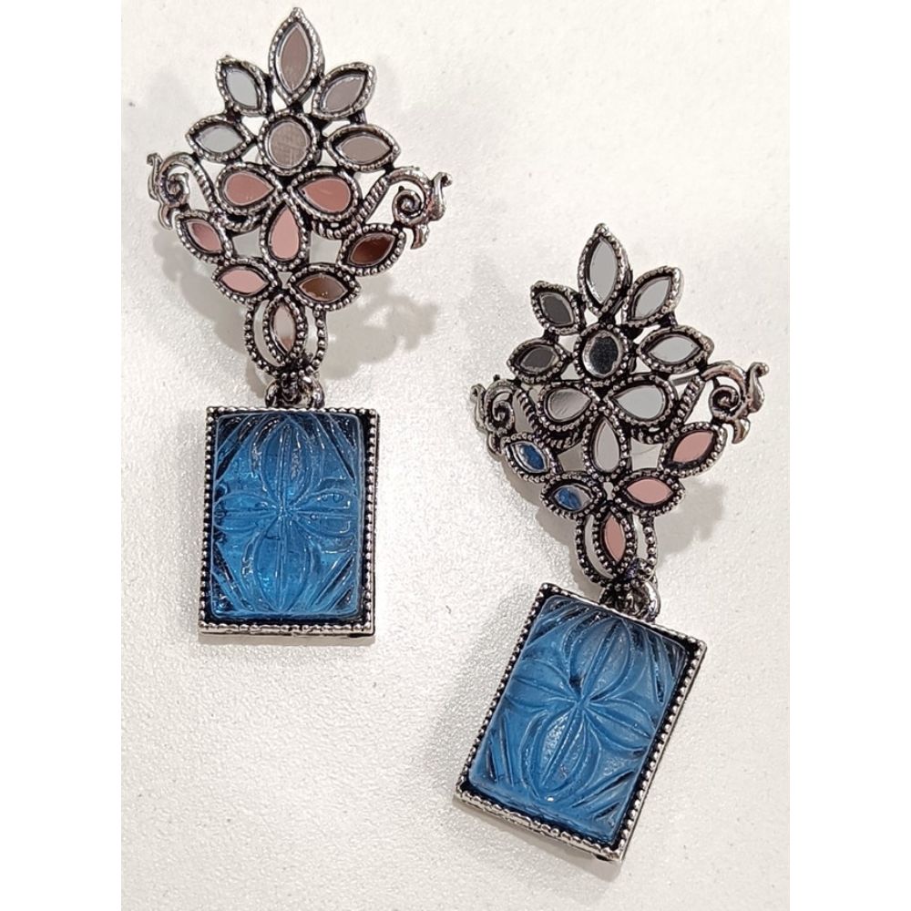 JewelMaze Mirror Oxidised Plated Dangler Earrings - AZO-MA23ER01200123_BL - 10161144BLU