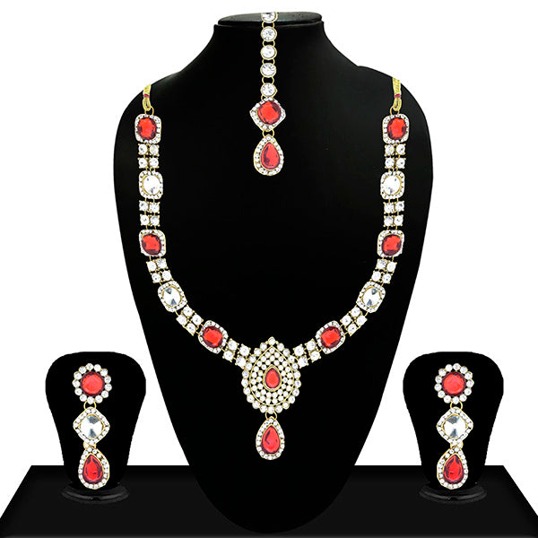 Vivant Charms Red Crystal Stone Neckace Set With Maang Tikka