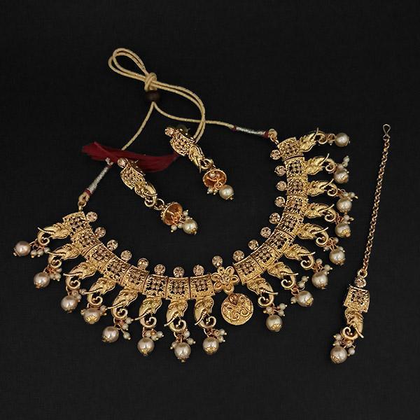 JewelMaze Gold Plated Brown Austrian Stone Necklace Set With Maang Tikka