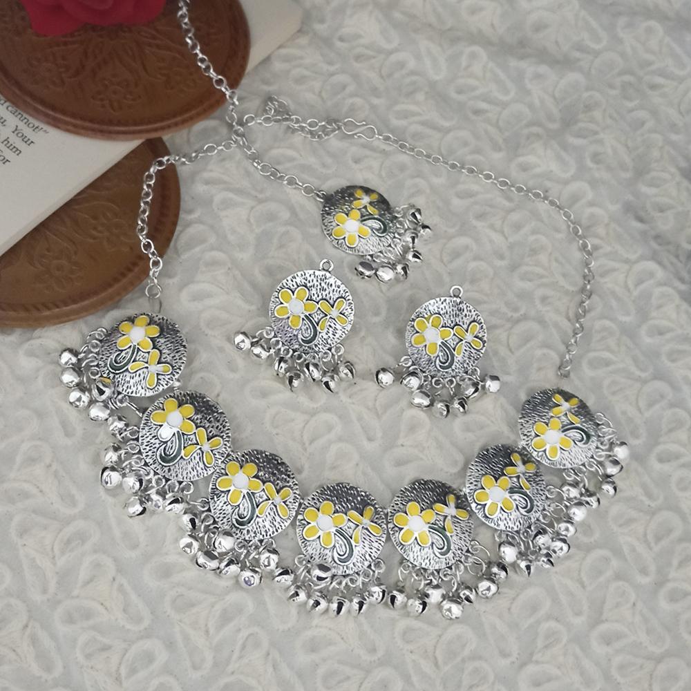 JewelMaze Oxidised Plated Yellow Meenakari Necklace Set With Maang Tikka