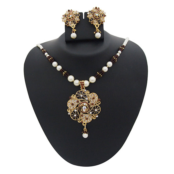 Kriaa Brown Meenakari Austrian Stone Pearl Pendant Set