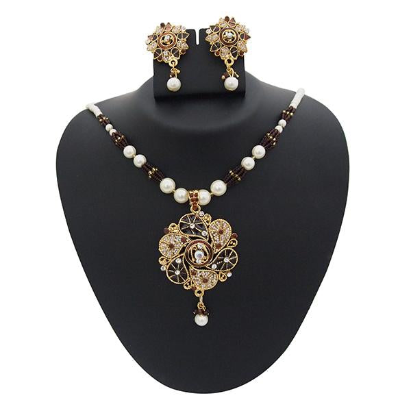 Kriaa Brown Meenakari Austrian Stone Pearl Pendant Set