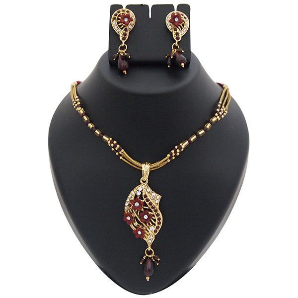 Kriaa Maroon Austrian Stone Floral Gold Plated Pendant Set