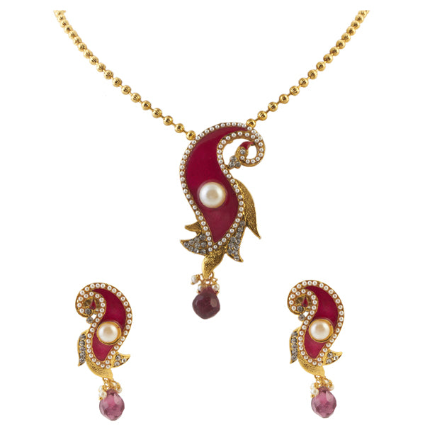 Urthn Pink Pearl Drop Gold Plated Pendant Set