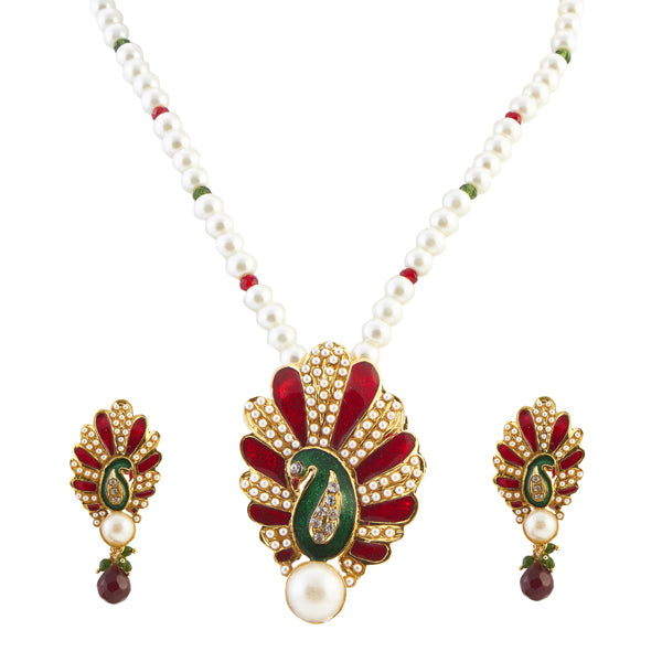 Apurva Pearls Red Meenakari Peacock Pearl Pendant Set