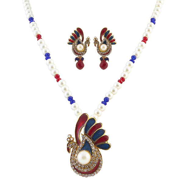 Apurva Red Austrian Stone Peacock Pearl Pendant Set