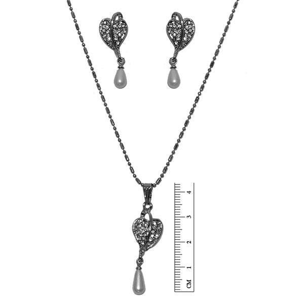 Regina Austrian Stone Pearl Leaf Rhodium Plated Pendant Set