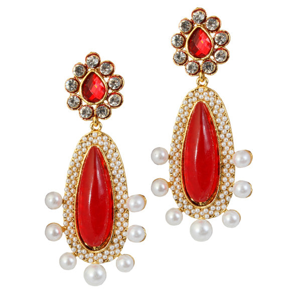 Kriaa Maroon Stone Pearl Gold Plated Dangler Earrings