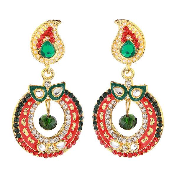 Kriaa Red And Green Meenakari Kundan Dangler Earrings
