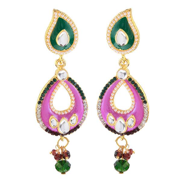 Kriaa Purple And Green Meenakari Kundan Dangler Earrings