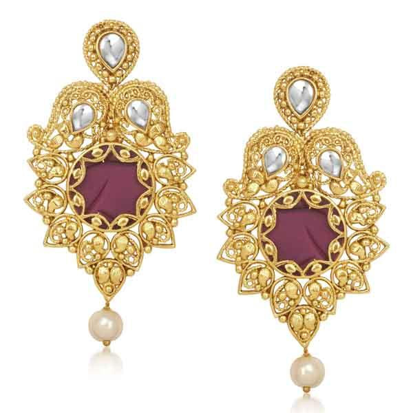 Kriaa Kundan Pearl Drop Gold Plated Dangler Earrings
