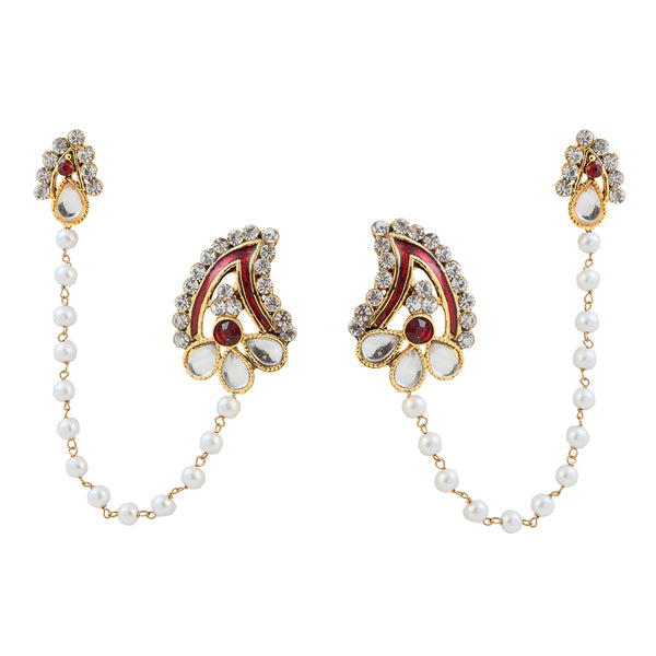 Kriaa Kundan Red Meenakari Pearl Chain Ear Cuff