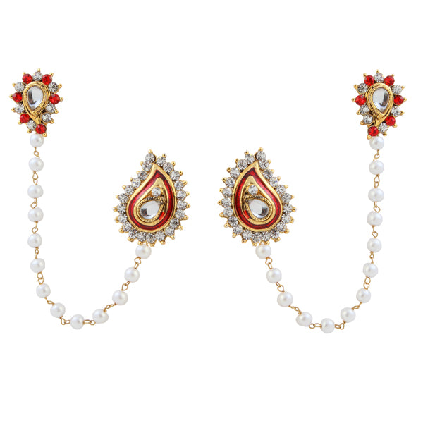 Kriaa Kundan Red Austrian Stone Pearl Chain Ear Cuff
