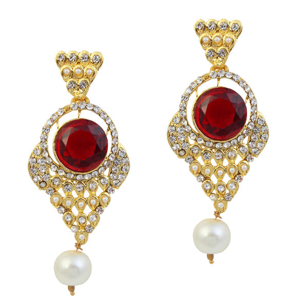 Kriaa Maroon Stone Pearl Gold Plated Dangler Earrings