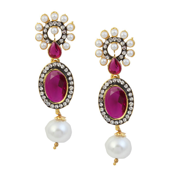 Kriaa Purple Stone Pearl Gold Plated Dangler Earrings