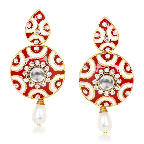 Kriaa Red Stone Gold Plated Kundan Dangler Earrings