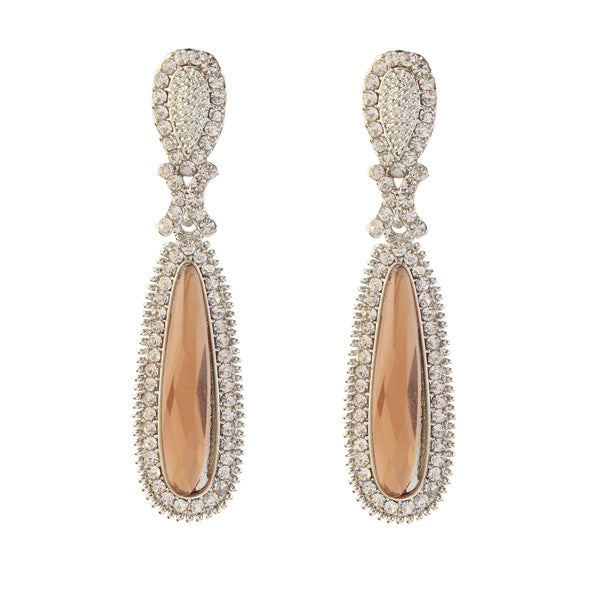 Kriaa Brown Stone Rhodium Plated Dangler Earrings